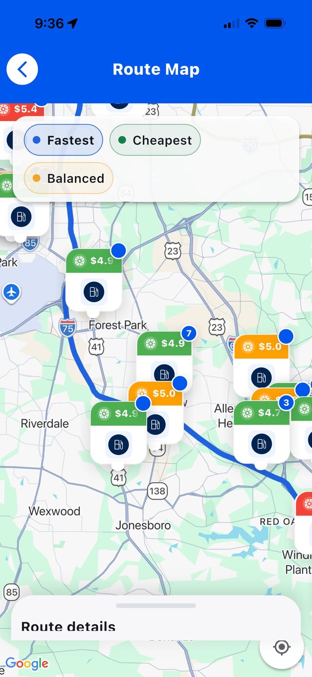 Route map with fuel prices in Trucker Copilot