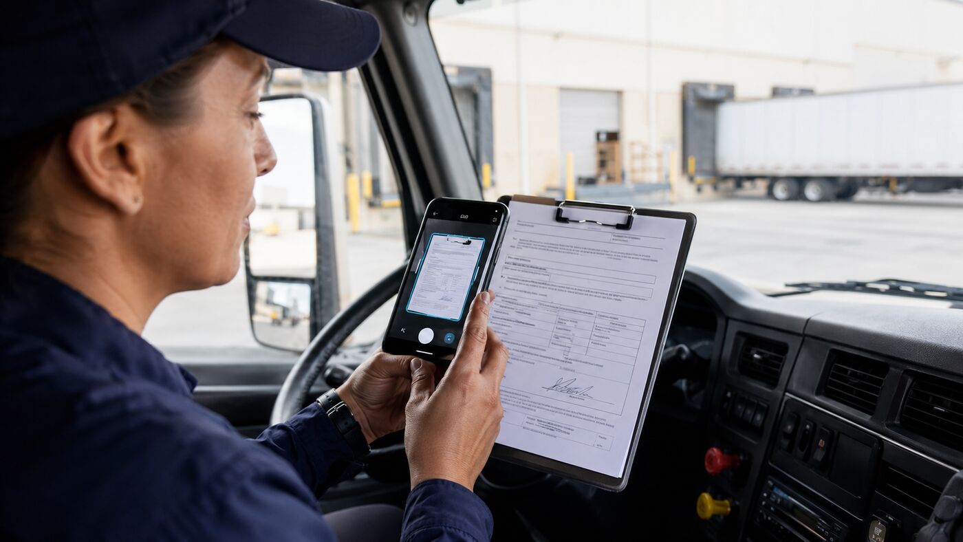 Driver photographing a signed delivery document from the cab with the Trucker Copilot app