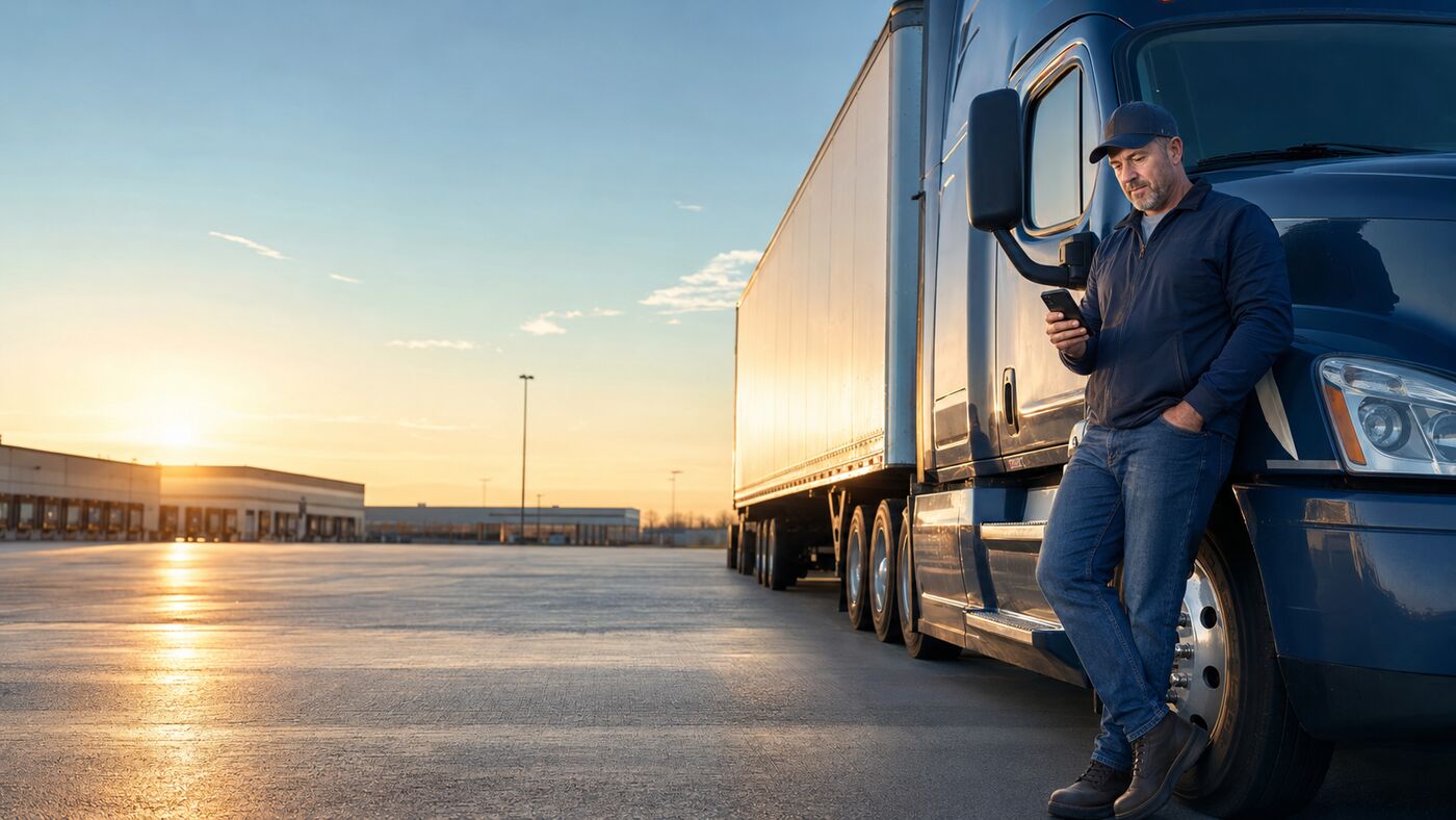 Driver leaning against his truck at a distribution center at sunset, checking his phone