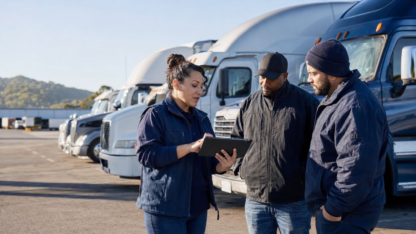 Fleet manager reviewing loads on a tablet with two drivers in front of the fleet