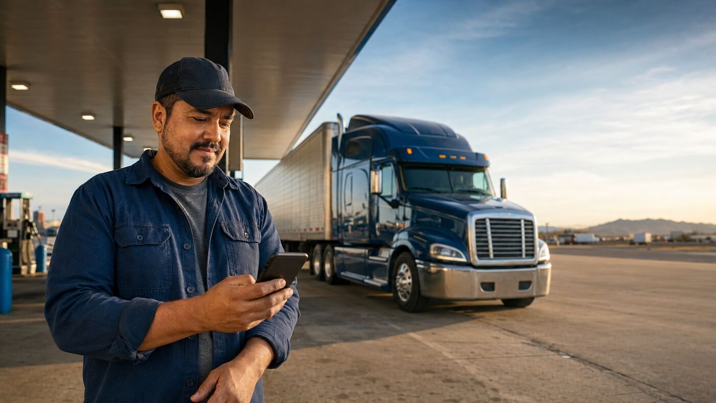 Owner operator checking fuel prices on his phone at a truck stop