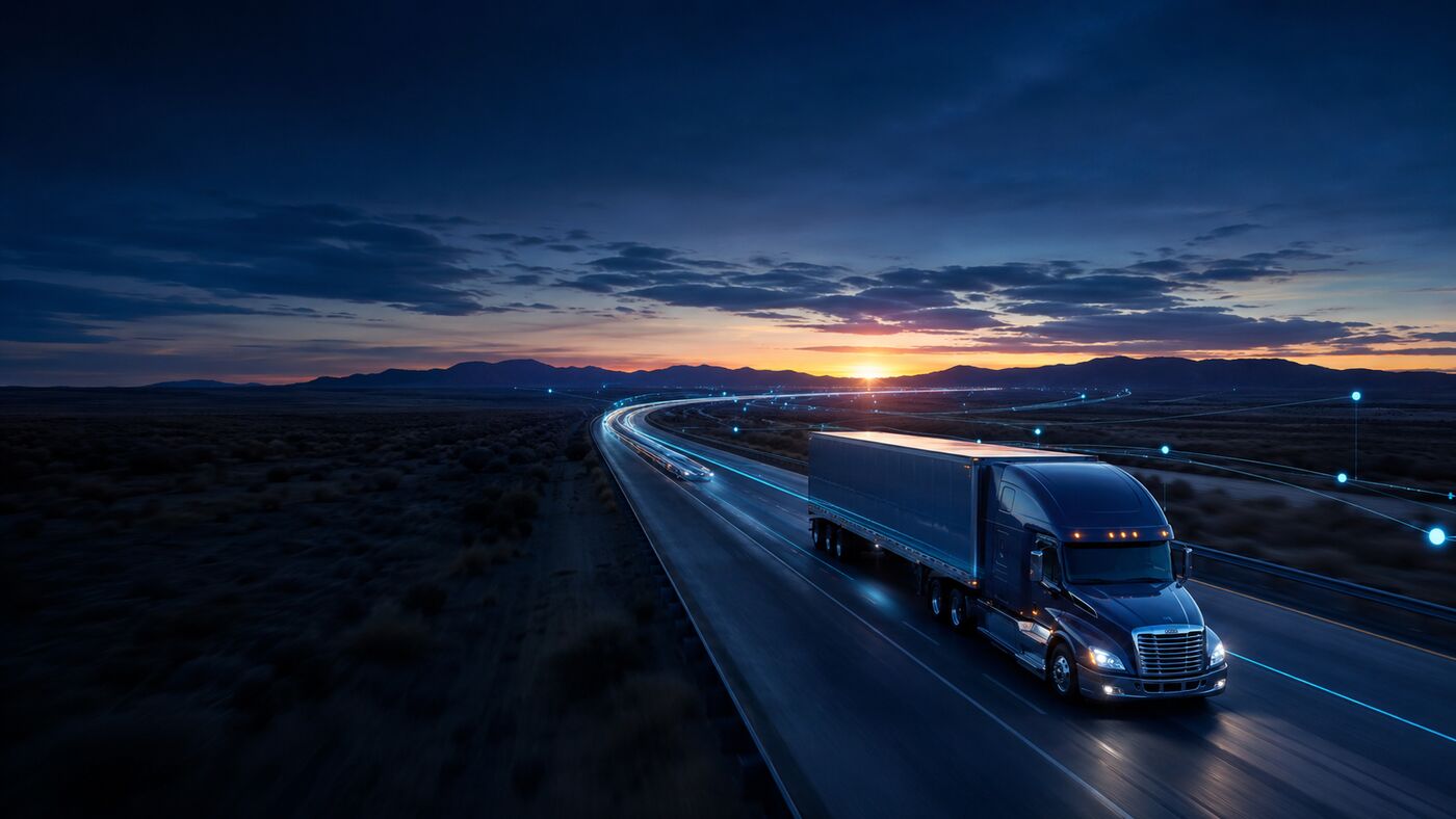 Truck moving down the highway at dusk with connected data signals along the route